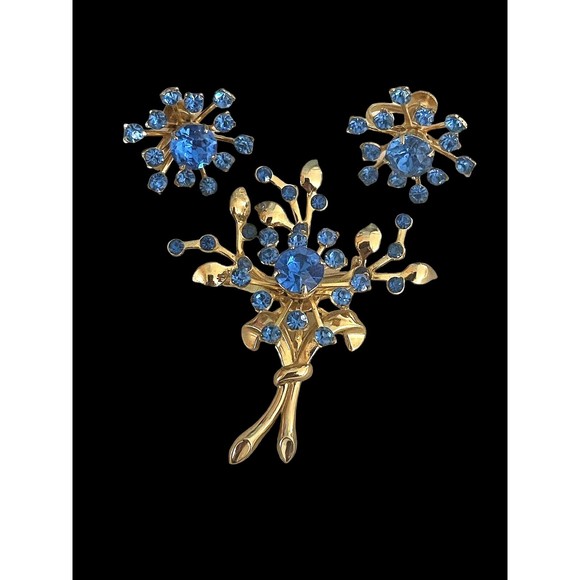 Coro Blue Starburst Brooch & Earrings Set Rare Estate Signed Mid Century 3 Piece - Picture 8 of 10